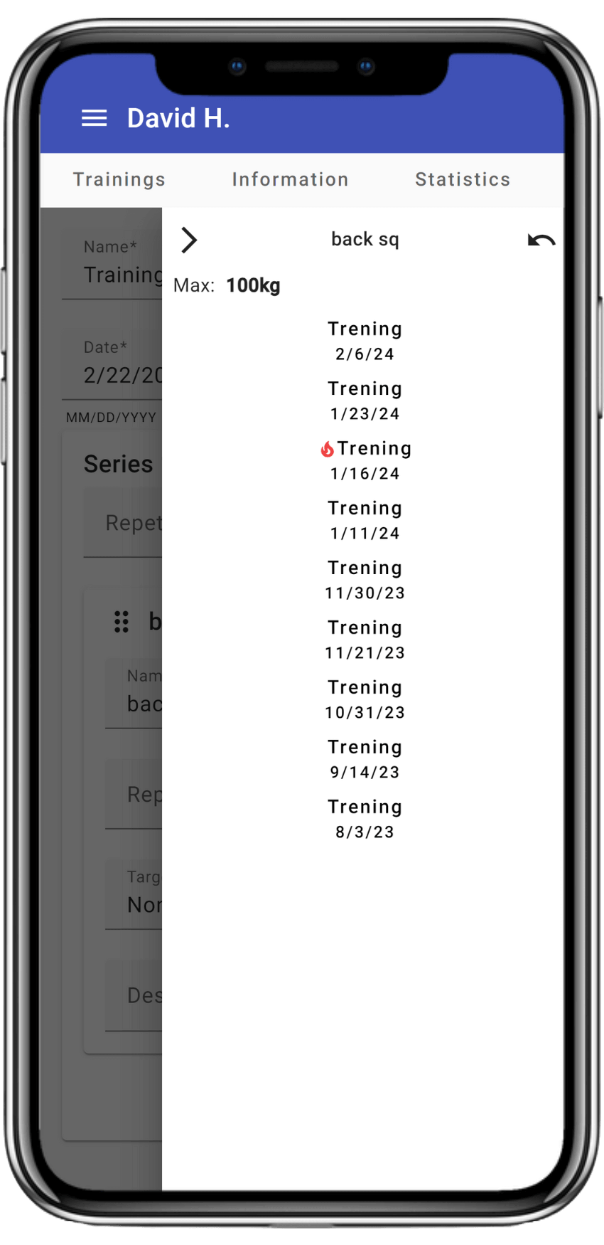 Preview of the best results for the selected exercise and mentee