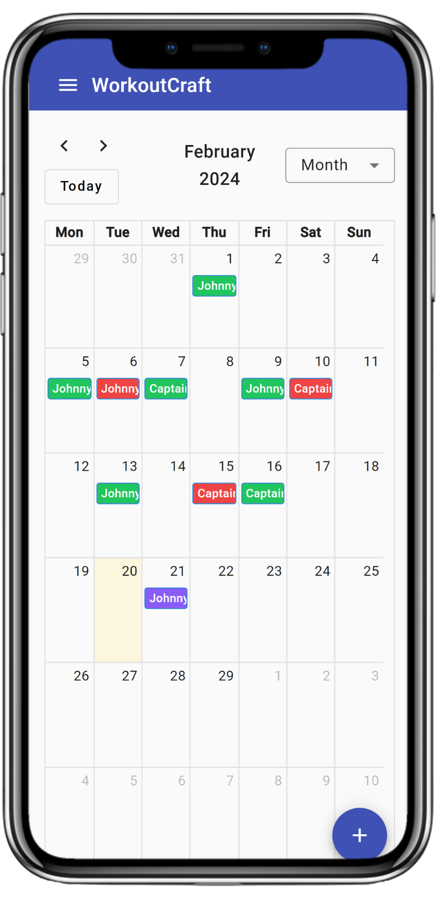 Calendar of all scheduled trainings in the personal trainer's schedule