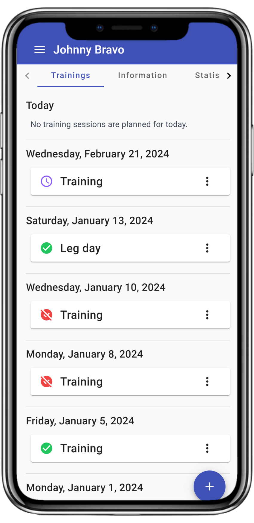 List of completed and scheduled workouts